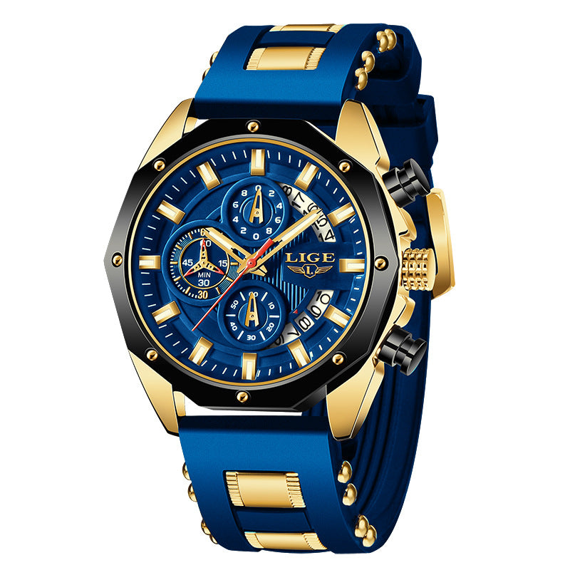 Blue silicone sport watch with gold-tone case and chronograph subdials