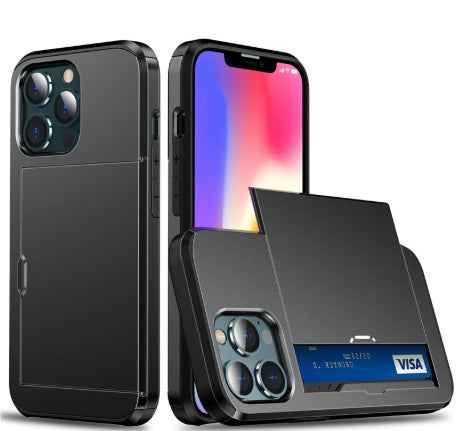 Mobile phone card case in black with front flip open, card pocket with Visa card