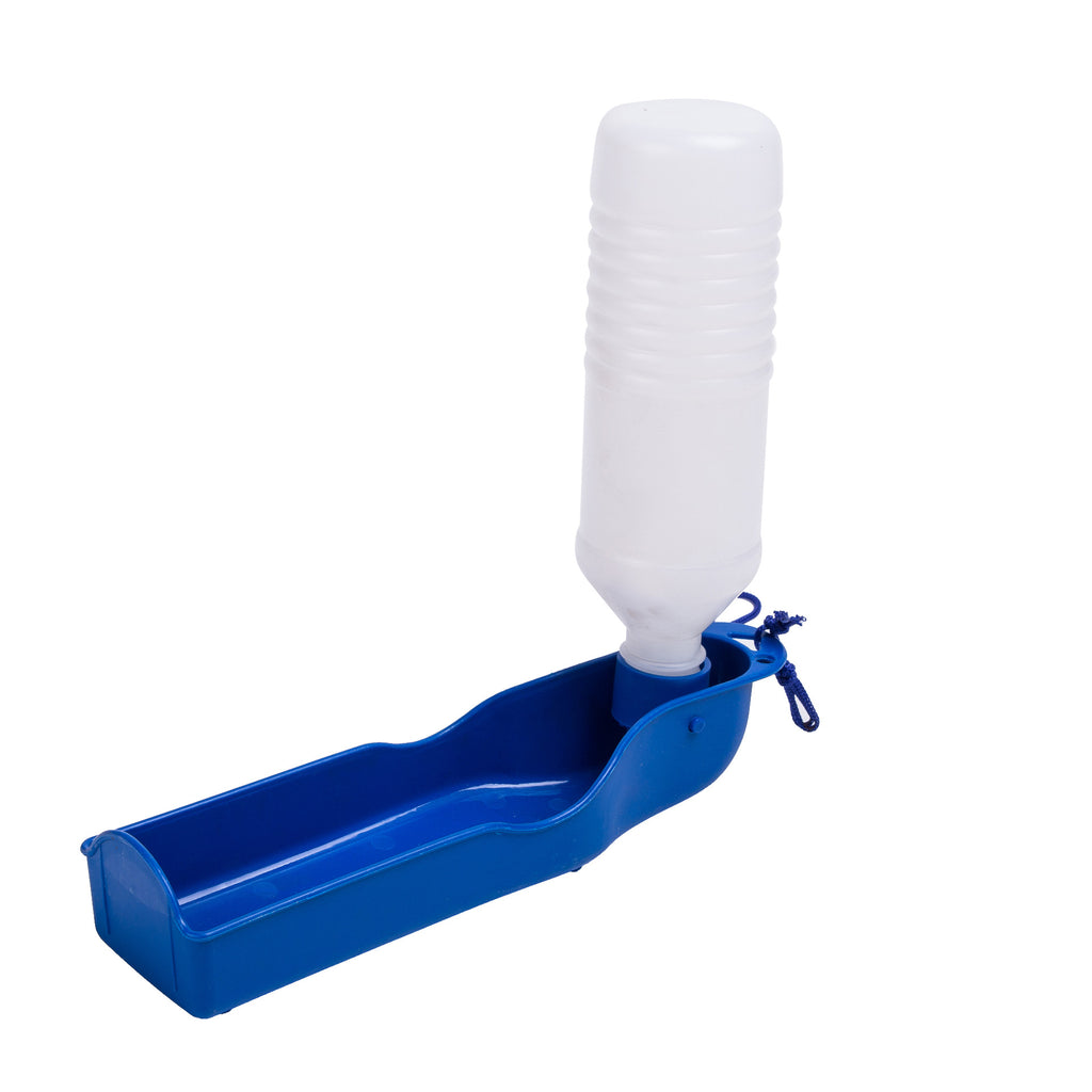 Blue pet water bottle with white squeeze reservoir, drinking spout, and cord.