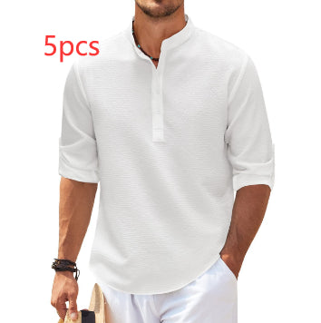 Men's white stand-collar button-placket shirt with short sleeves
