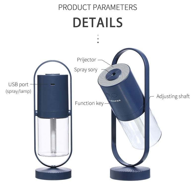 Dark blue USB air humidifier with clear mist chamber, adjusting shaft, and base