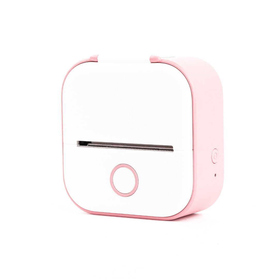 Pink portable mini thermal label printer with black print head bar and front button