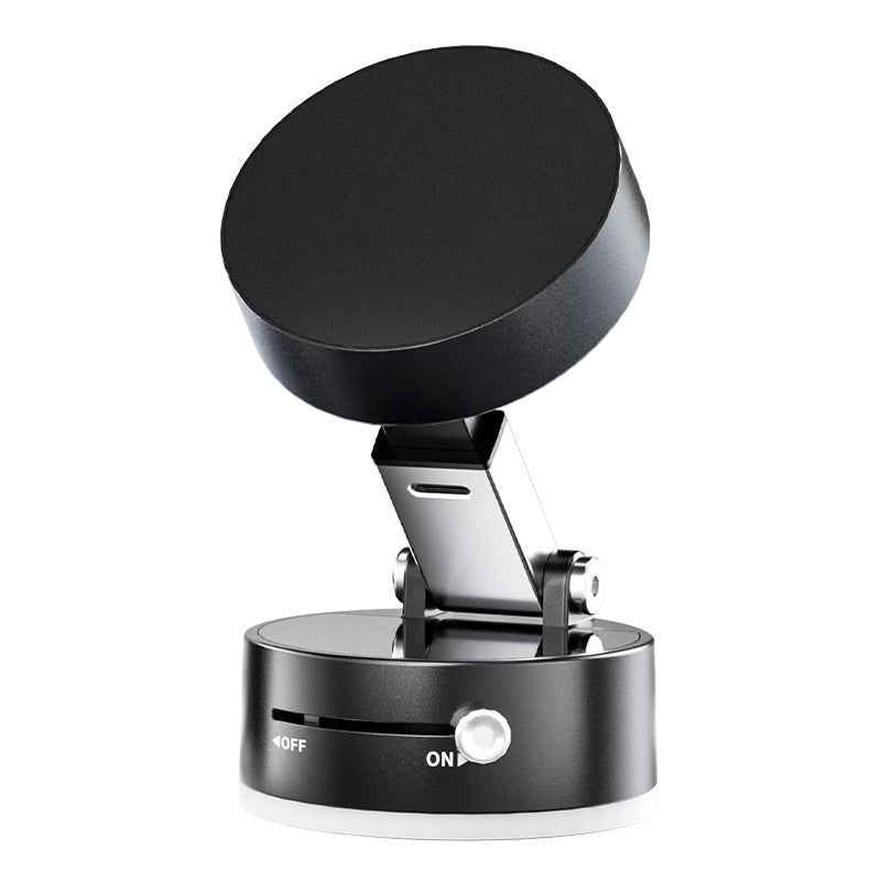 Black foldable magnetic phone holder with suction base and angled phone clamp