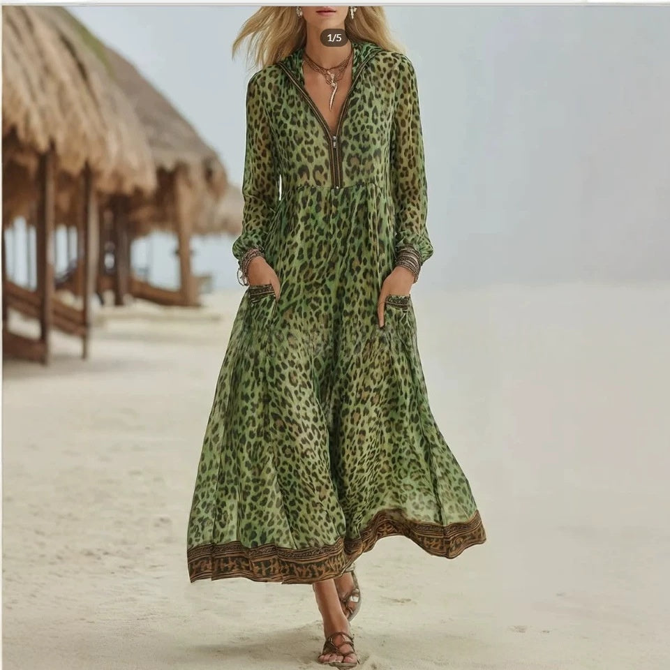 Green leopard-print hooded maxi dress, long sleeves with elastic cuffs and tiered skirt