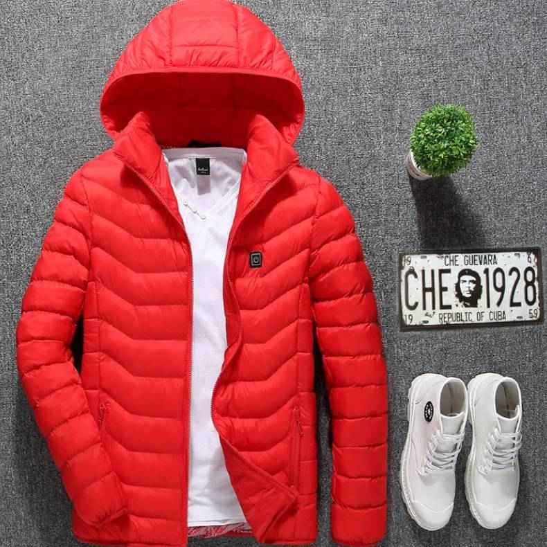 Red hooded zip-up puffer heated jacket with front zipper and white inner lining.