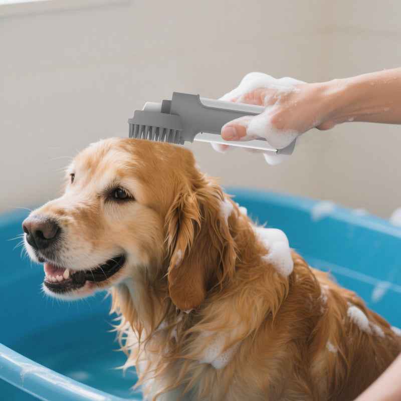 Pet bath brush with blue silicone bristle head and one-button dispensing handle