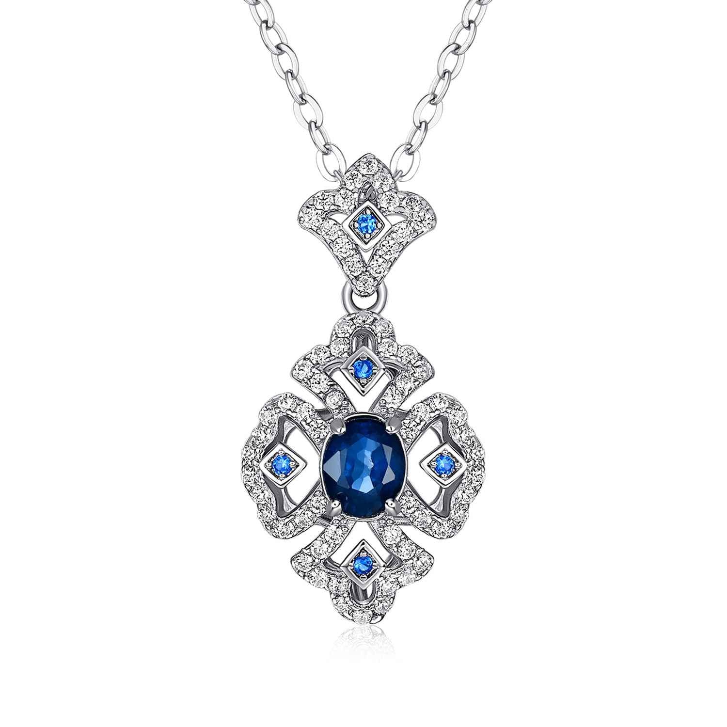 Silver necklace with blue sapphire center and retro geometric pendant
