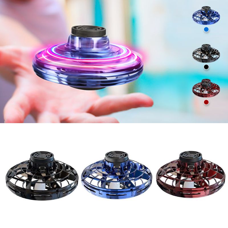 Hand-held glowing UFO spinning toy drone with purple-blue LED lights