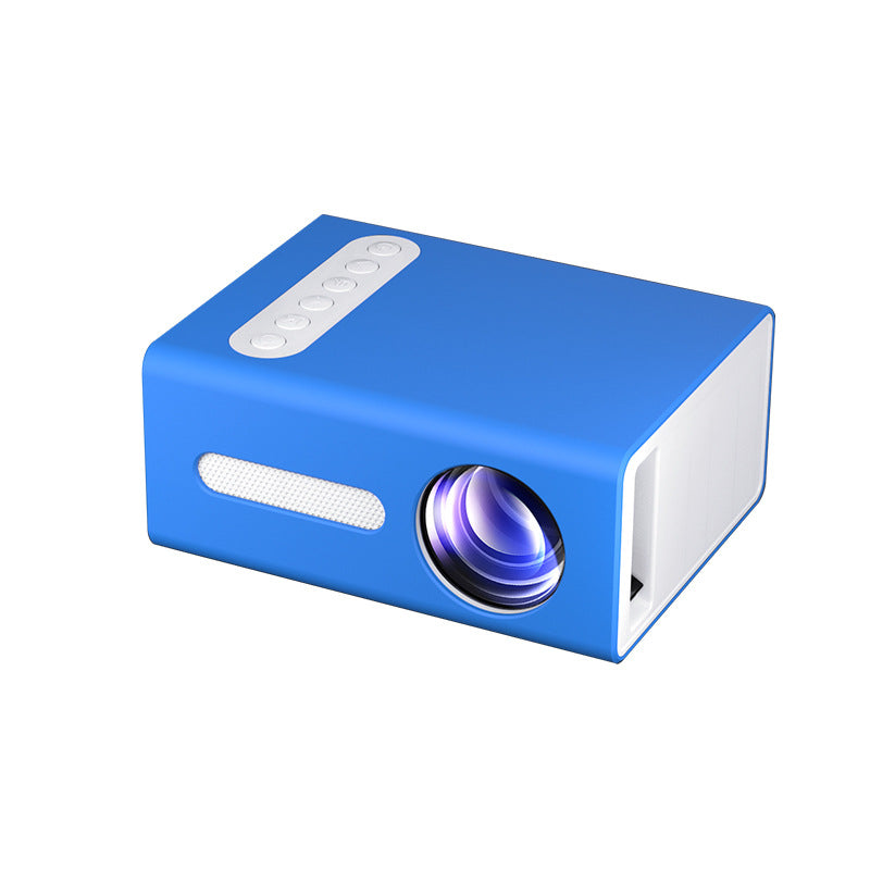 Blue mini projector angled view with lens and top control button cluster
