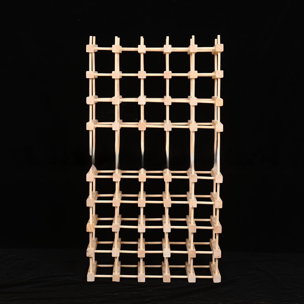 Wood wine rack frame with grid bottle slots, standing vertically