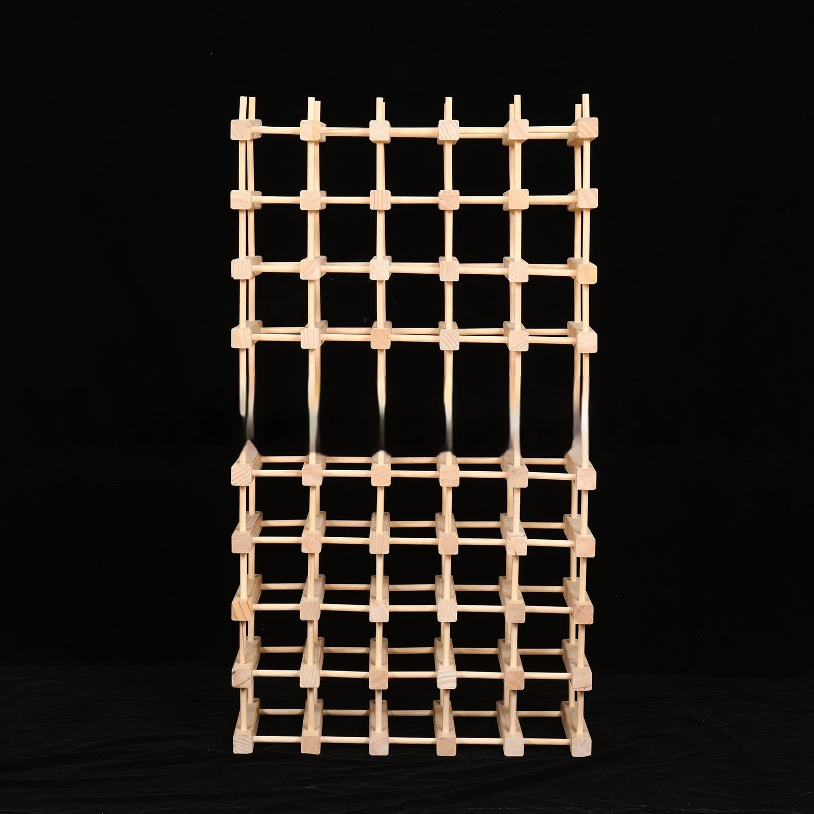 Wood wine rack frame with grid bottle slots, standing vertically