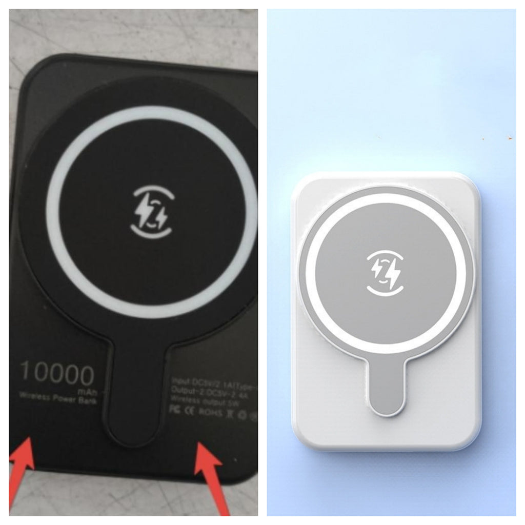 Mini magnetic wireless power bank, black and white, with Qi charging symbol.