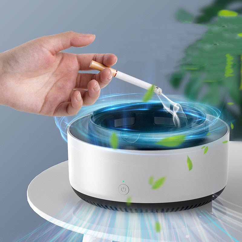 White electronic ashtray air purifier with black base and blue airflow ring
