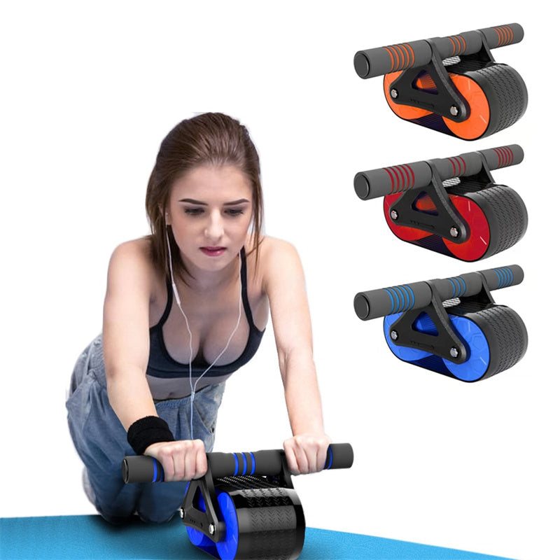 AB exerciser roller held by person with blue double wheels and black handles