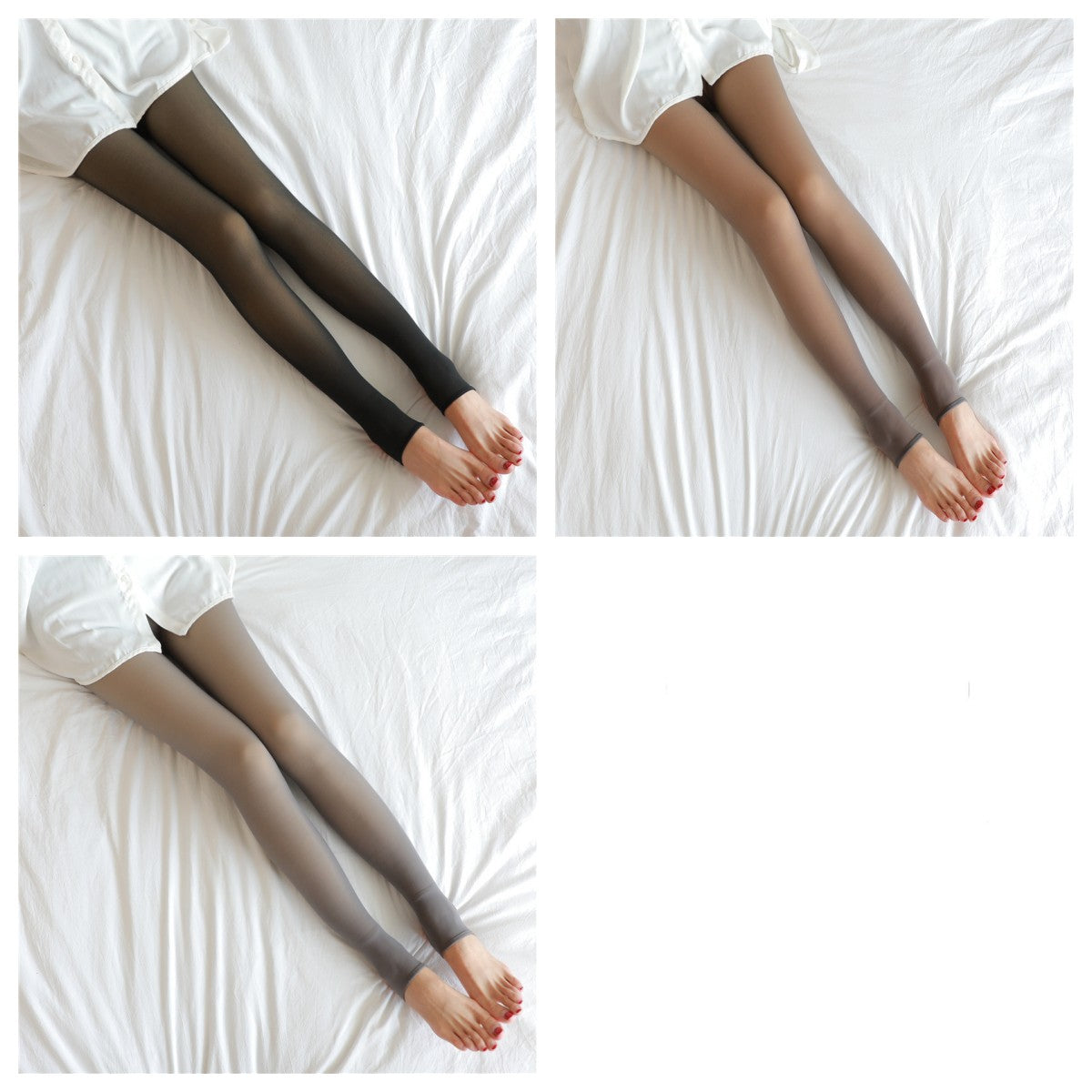 Fleece-lined pantyhose set with three shades, full-length leg views