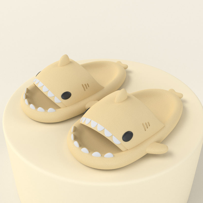 Cartoon shark slippers in beige, open-toe slip-on with white tooth trim and fins