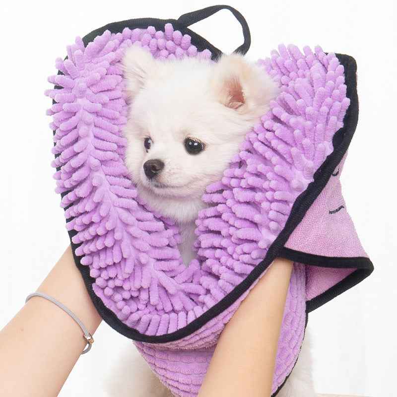 Purple pet bath towel hood with fluffy microfiber shag and paw print outlines