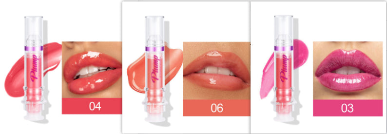 Liquid lip gloss with clear tube and pink label; lip swatches show shades 04, 06, 03.