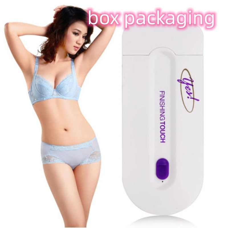 Electric hair removal shaver device and white box with purple end piece