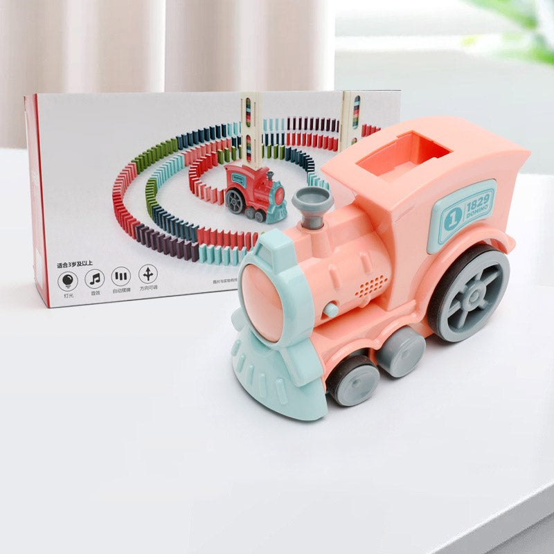 Pink and blue domino train toy with colorful curved track and base tower