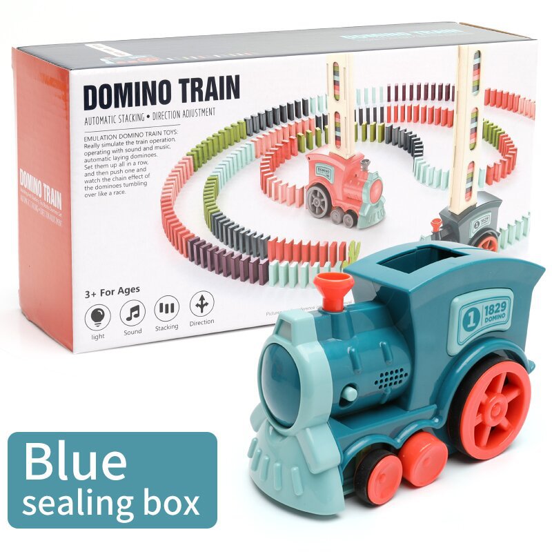 Blue electric domino train toy with automatic track set in box
