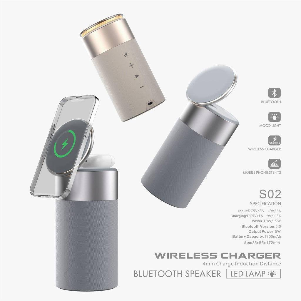3-in-1 wireless charger speaker with LED lamp, grey-and-silver cylinder with phone and earbuds