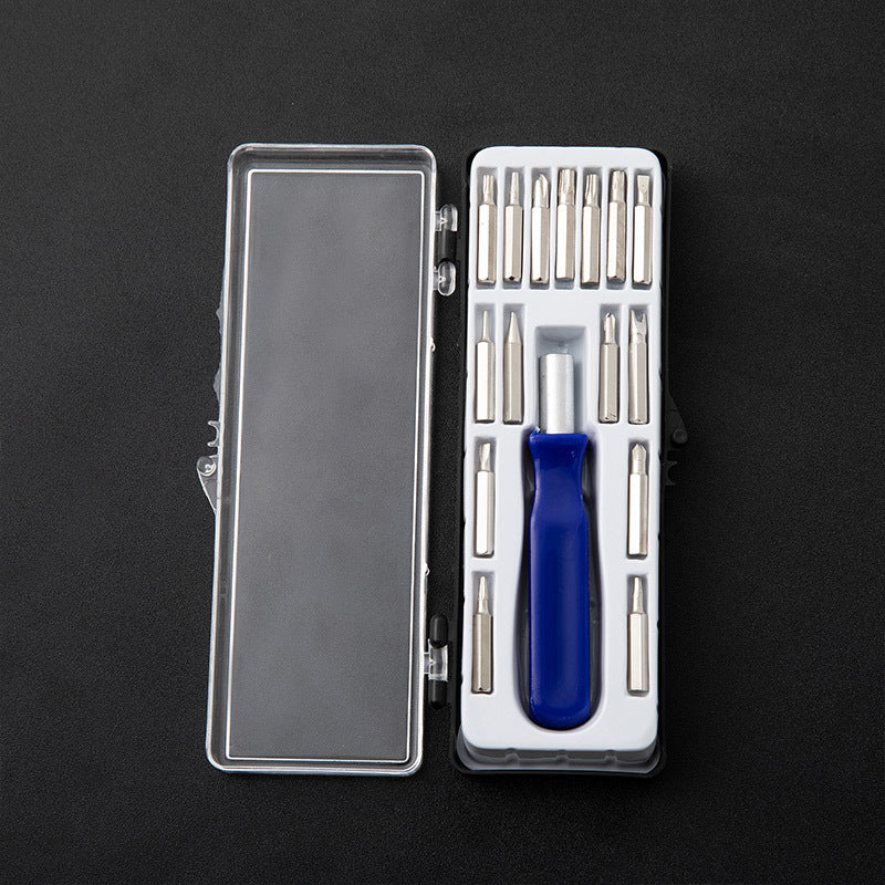 Multi-function screwdriver set with blue handle, 16 metal bits in storage case