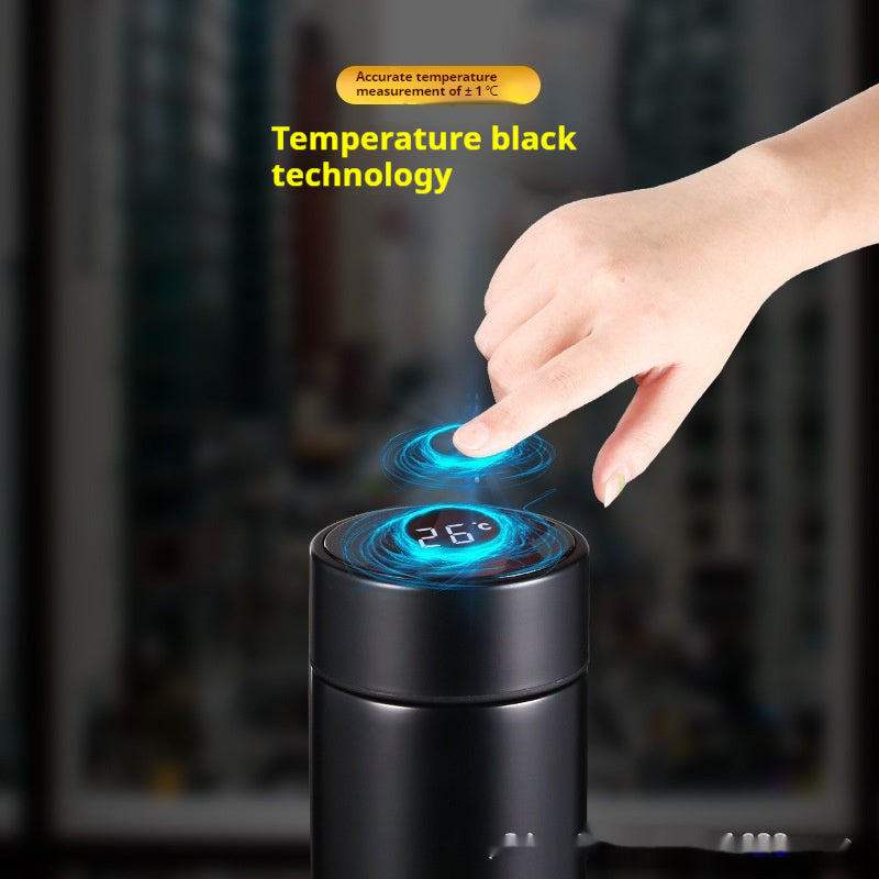 Smart temperature display insulated bottle, matte black, touch top with blue 16°C glow