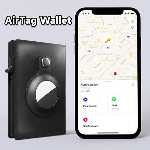 Men's slim card wallet in black with circular tag holder and stitched edge design.