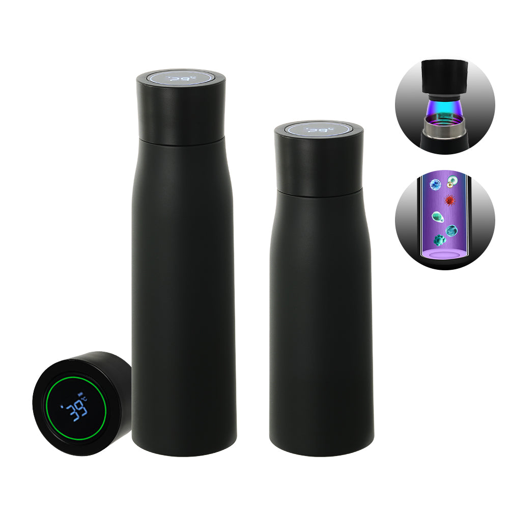 Black insulated thermal water bottle tumbler with smart temperature display on side
