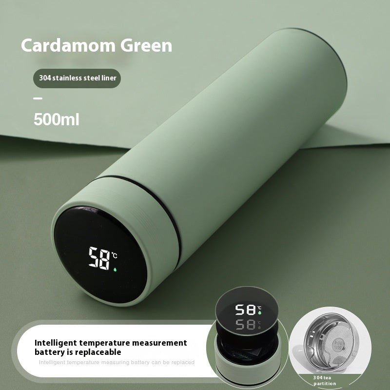Cardamom green insulated vacuum bottle with LED temperature display on dark end cap