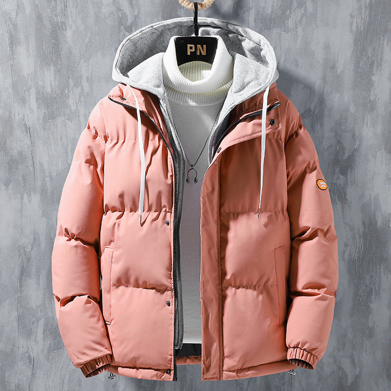 Men’s hooded puffer jacket in pink with full-length front zipper and drawstring hood