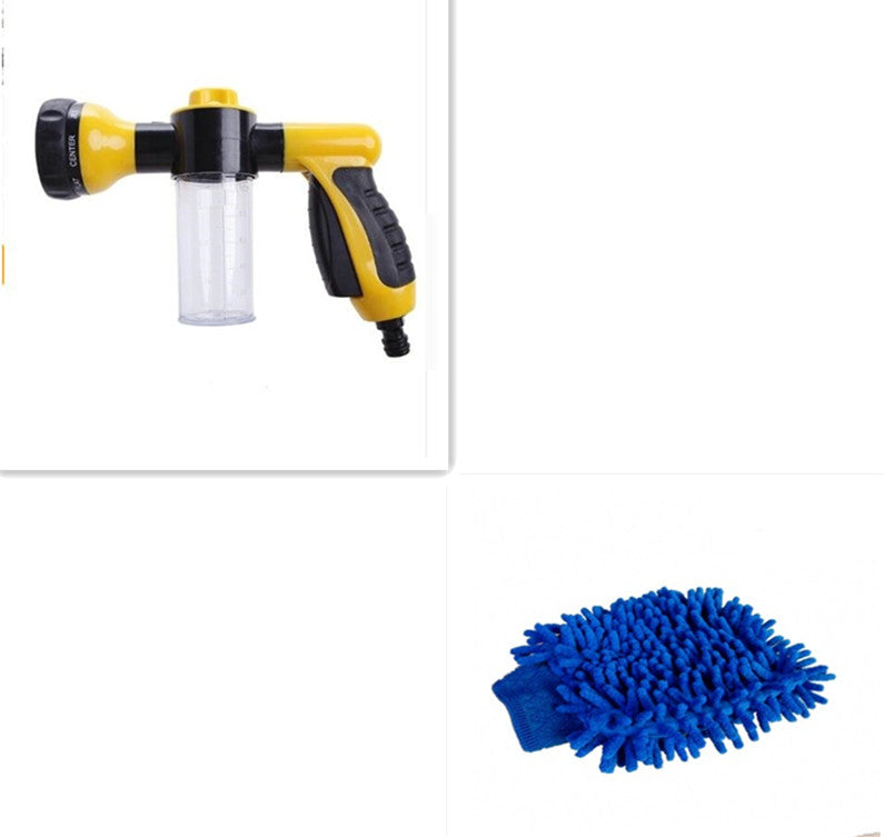 Foam spray gun with clear bottle and yellow handle, plus blue cleaning cloth.