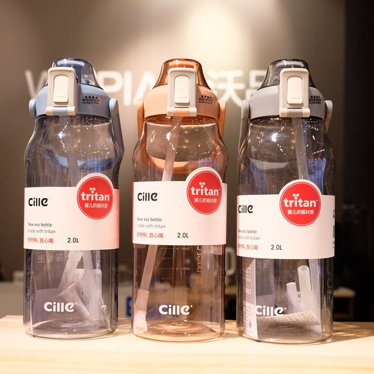 Set of three clear straw water bottles with Tritan caps in grey, blue, and orange