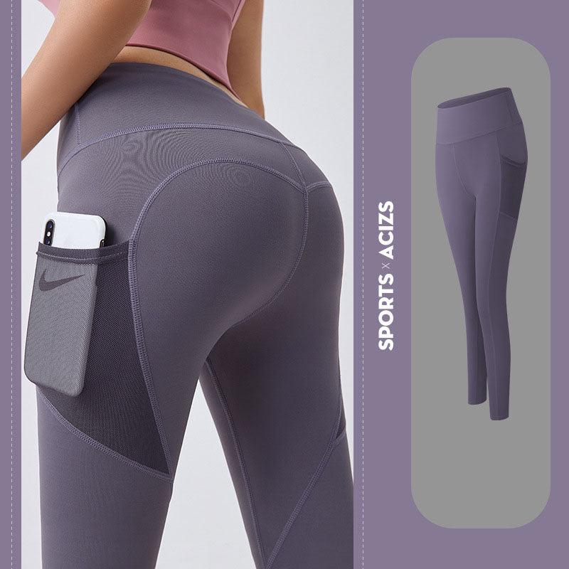 Women’s yoga leggings with phone pocket, medium purple, high-rise back view.