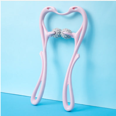 Swan-style pink neck massager with central roller wheels under arched frame