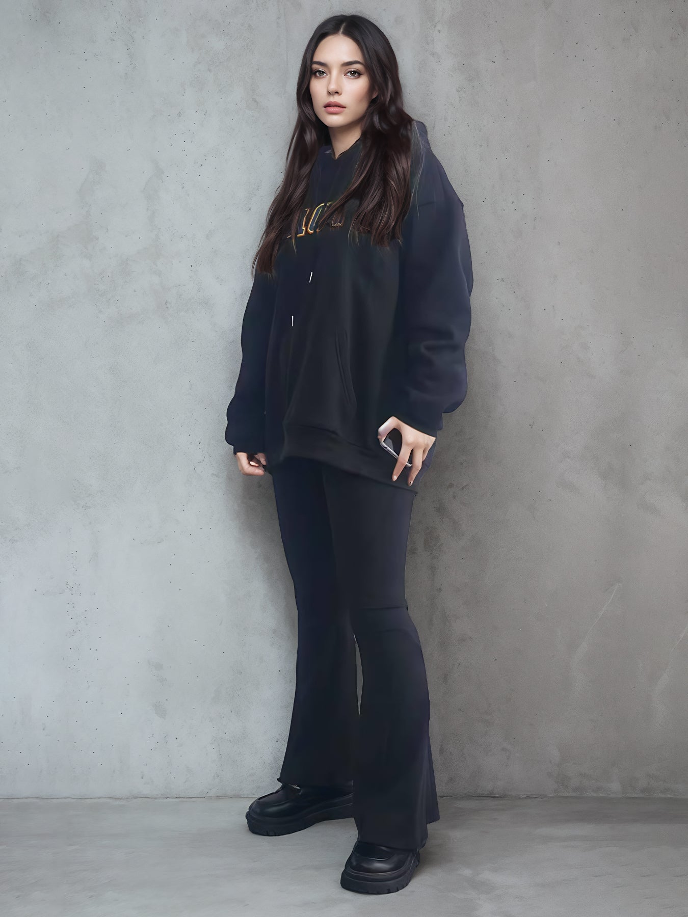 Black long-sleeve hoodie with hood, drawstrings, chest logo print, and kangaroo pocket