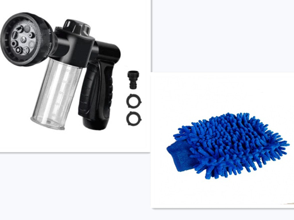 High-pressure foam spray gun with black body, clear cup, blue brush and fittings