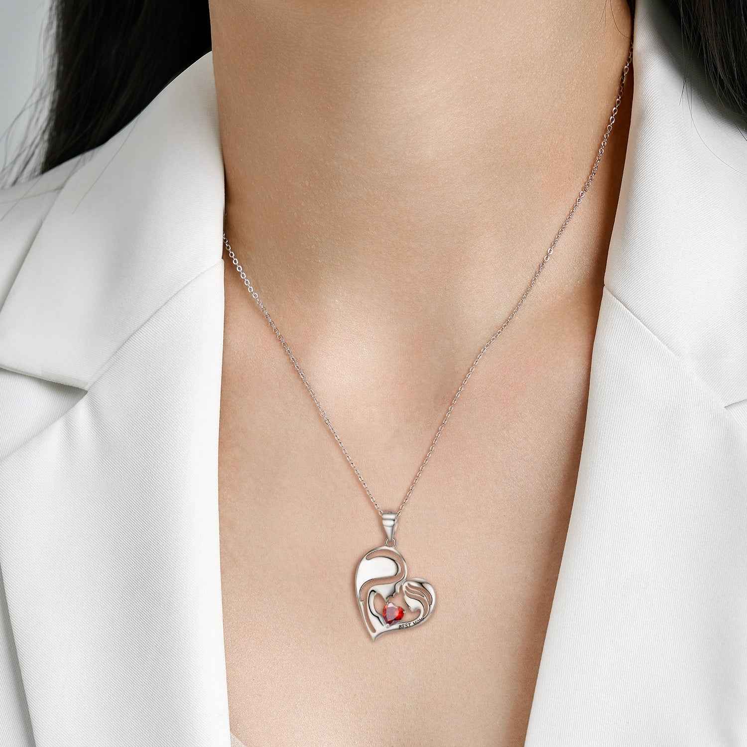 S925 sterling silver heart pendant necklace on thin chain with red gemstone charm