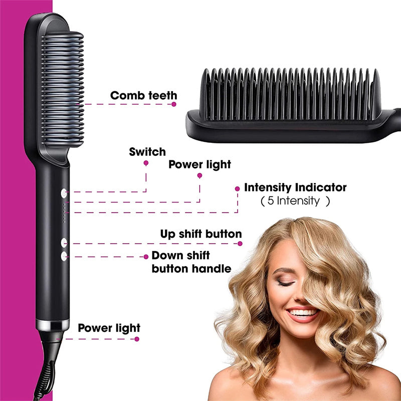 Black heated hair hot comb brush with comb teeth, buttons, and indicator lights