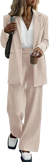 Women’s light beige coat and trousers suit, blazer jacket with wide-leg pants