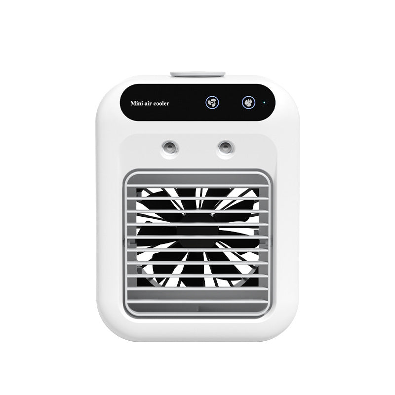Portable mini air cooler front view with grille and control panel, white body