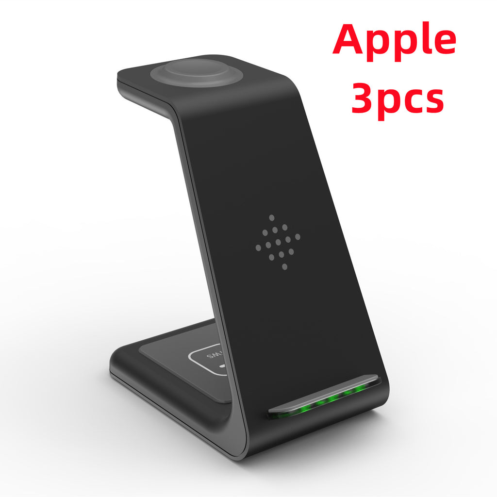 Black wireless phone charger stand with angled base and circular top charging pad