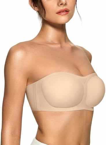 Womens strapless push-up bandeau bra in nude beige with smooth molded cups