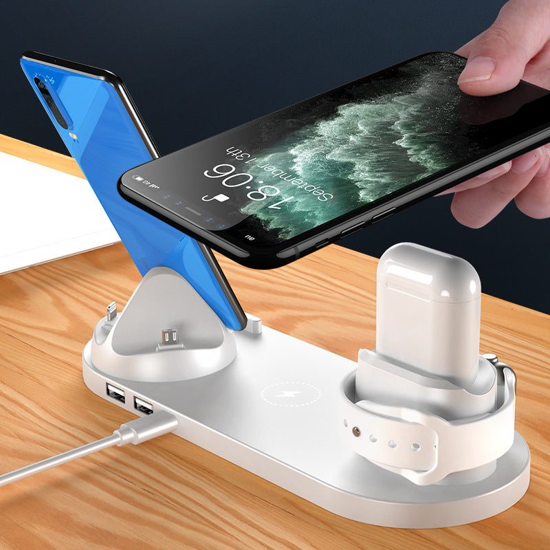 Wireless charging dock with phone and watch stands, white base with charging pods