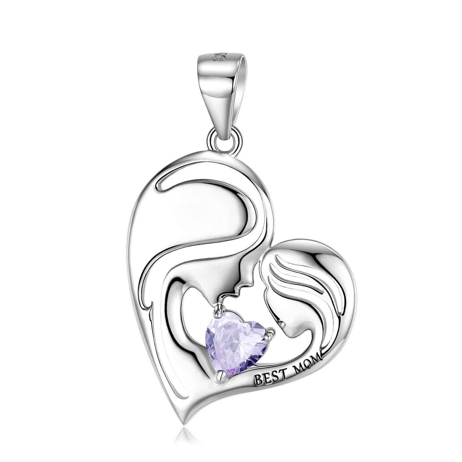 S925 sterling silver heart pendant with purple crystal and Best Mom engraving