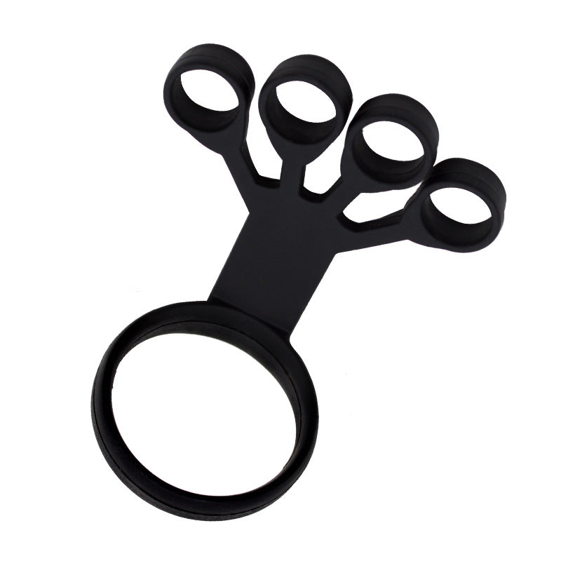 Silicone finger exercise stretcher with four finger loops and large hand ring, dark