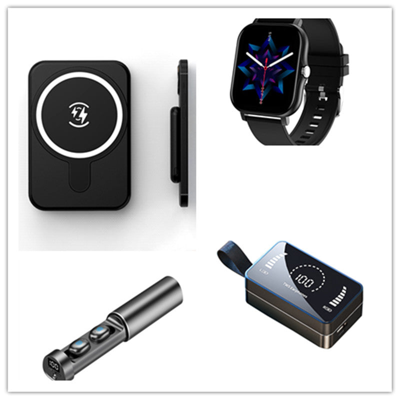 Black Bluetooth earbud set with charging case, charging pad, and smartwatch