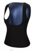Blue-and-black corset-style sweat vest with curved neckline cutouts