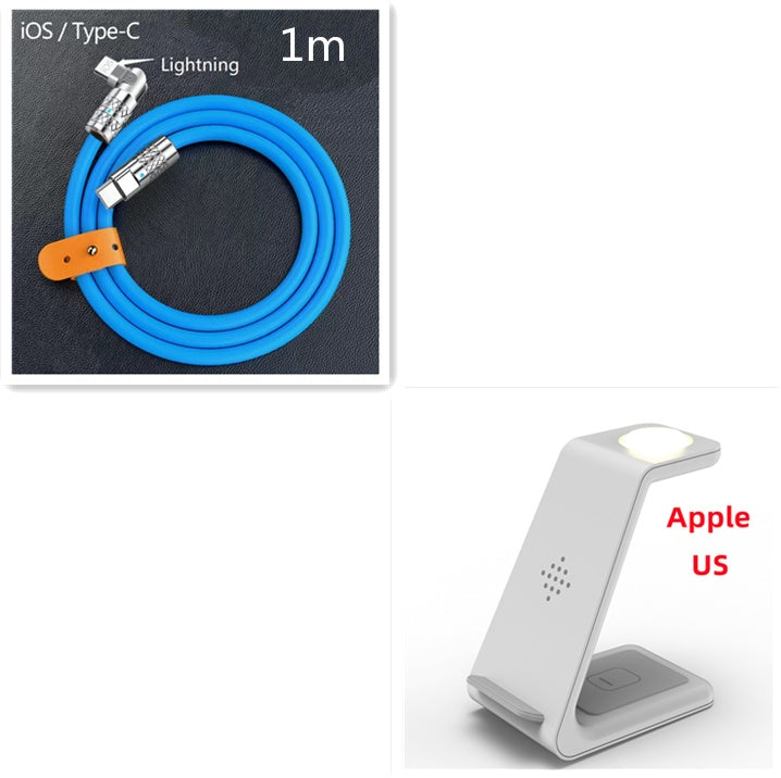 Wireless charger stand with glowing pad and 1m iOS Lightning to Type-C cable, blue cord.